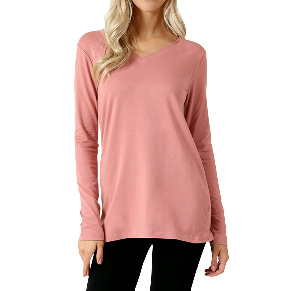 TheLovely Women Basic Cotton Relaxed Fit V-Neck Long Sleeve T
