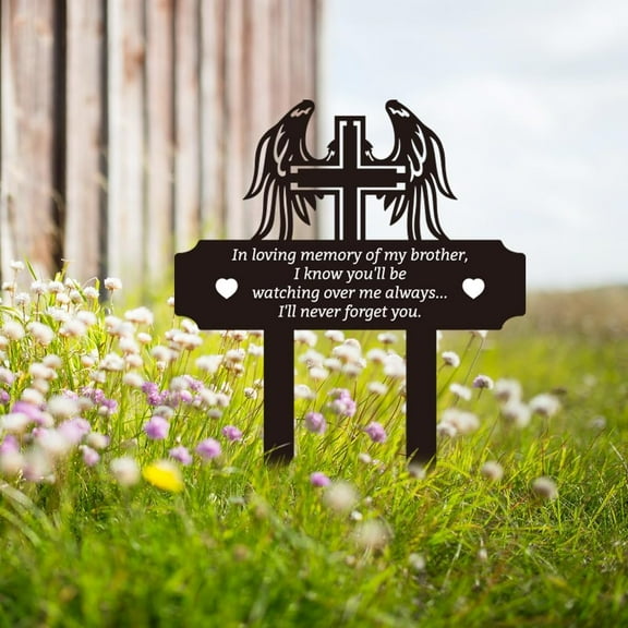 Metal Memorial Plaque Garden Stake Cemetery Cross with Wings Pattern Grave Markers Commemorative Plaques Sympathy Garden Stake Grave Decorations Cemetery