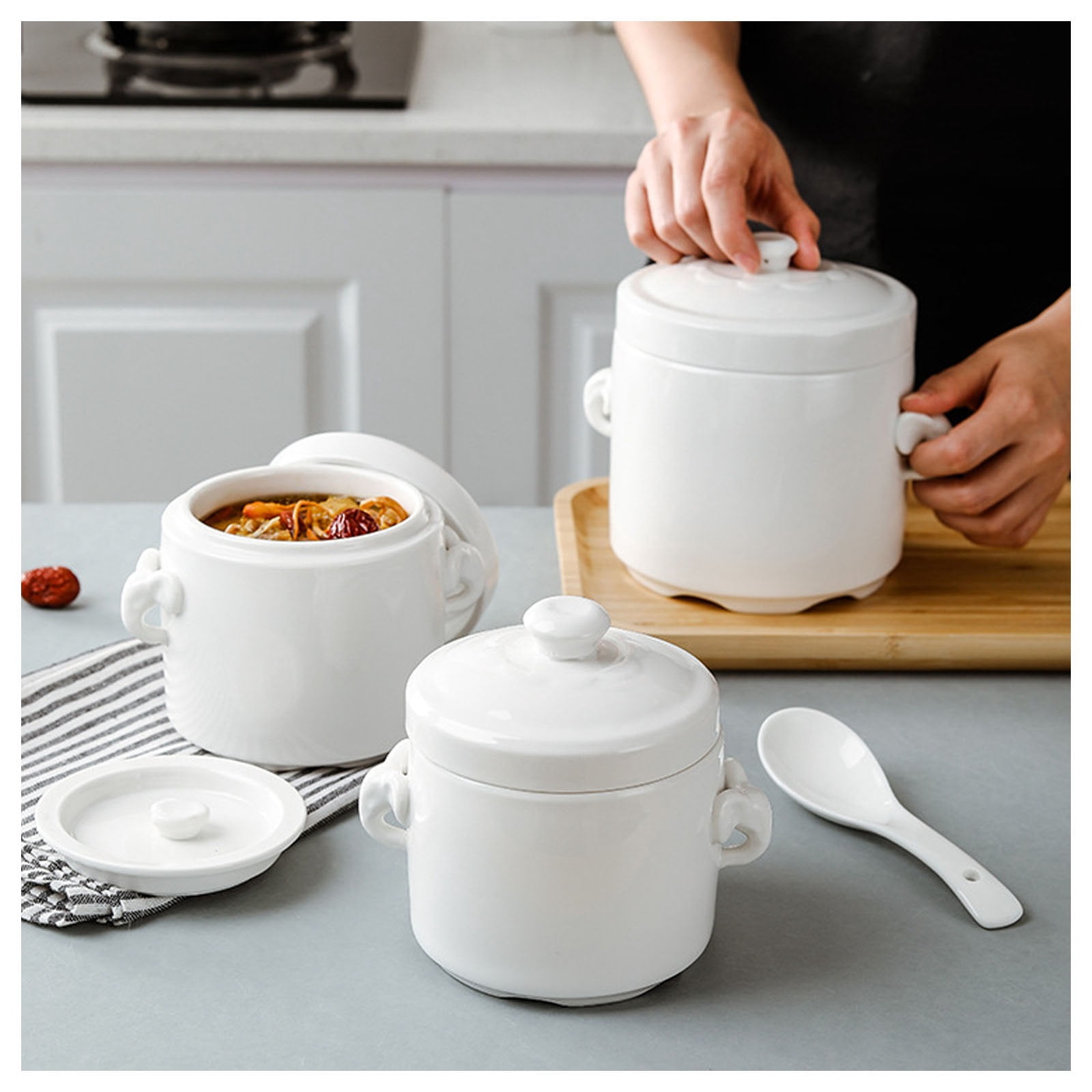 Ceramic stew pot, stew pot for braised food, dessert bowl, soup tureen with lid, soup bowl, instant noodle bowl, steamed egg bowl, double handle lid