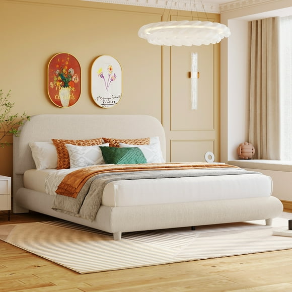 MODERNLUXE Teddy Fleece Queen Size Upholstered Platform Bed, Curved Shaped Bed Frame with Thickened Rounded Corners and Wood Frame, Modern Cloud Bed,Easy Assembly,Beige