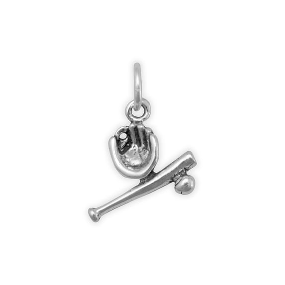 .925 Sterling Silver Oxidized 3D Small Bat/Ball/Glove Charm