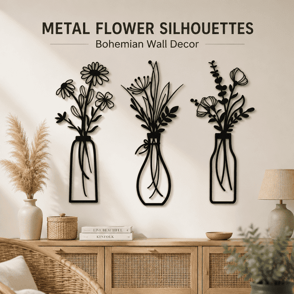 PLERISE 3-Piece Metal Flowers Wall Art, Black Rustic Farmhouse Decor for Living Room Bedroom Bathroom, Vase-C