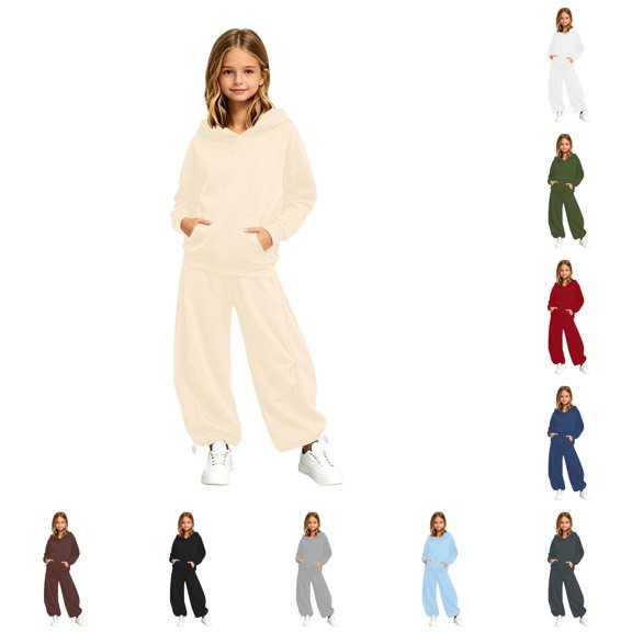 OSOLU Girls 2 Piece Set Solid Color Front Pocket Hoodie and Drawstring Wide Leg Pants Daily Outfit Beige