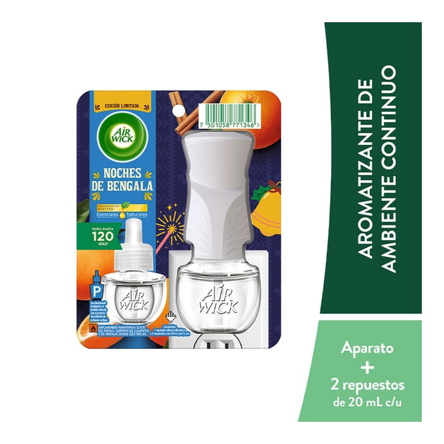 Aromatizante de Ambiente Continuo Liquido Electrico Airwick Noches de Bengala, un aparato y 2 repuestos de 20 ml.