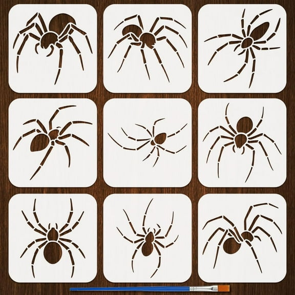 9PCS Spider Stencils with 1Pc Plastic Brush 5.9x5.9inch 9 Styles Spiders Pattern Drawing Stencil Theme Template