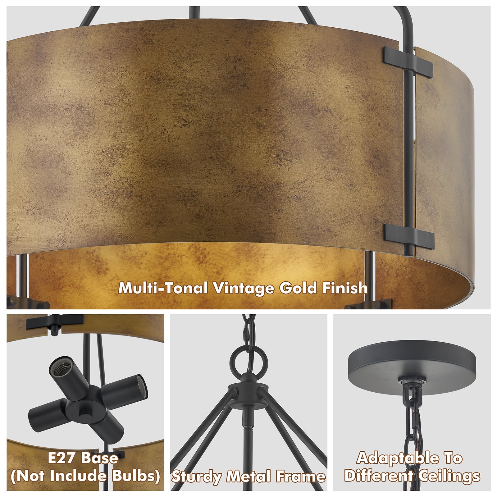 NATYSWAN 22 inch Industrial Cage Ceiling Light with 4 Lights (No Bulbs), E27 Base Max 100W Each, Dual USB-A & C Charging Ports, 60 inch Chain, for Kitchen, Dining Room, Farmhouse Indoor
