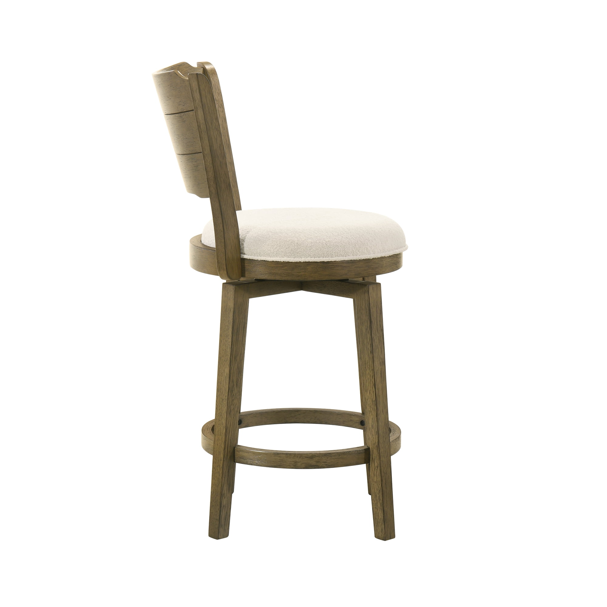 Winsley Coastal Modern Swivel Wood Counter Height Kitchen Bar Stool in Putty Brown Finish with White Boucle Fabric Upholstered Seat