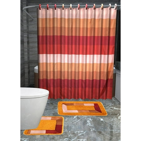 Multi Orange Rust 15pc Striped Bathroom Accessories Set Rugs
