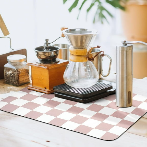 Coffee Mat Checkered Dish Drying Mat for Kitchen Counter Coffee Bar Vintage Buffalo Dish Pad Absorbent Kitchen Drying Mat for Bar Station Accessories Easy Clean(Beige,15.5 x 23.5 Inches)