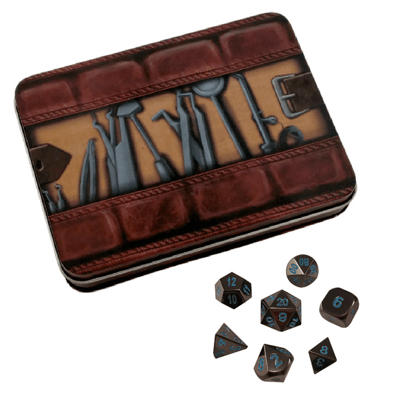 Thieves Tools with Icy Doom | Shiny Black Nickel with Blue Numbering Metal Dice -