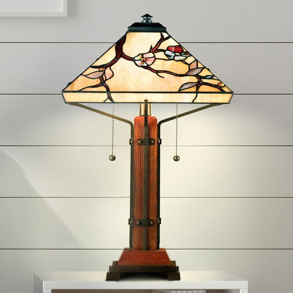 Luxury Natural Tiffany Table Lamp, Large Size: 23.5''H x 14''W, with Glam Style Elements, Natural Wood Finish, UQL7130 from the Helston Collection by Urban Ambiance