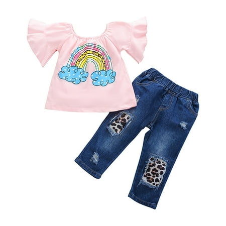 

EHTMSAK Toddler Baby Children Girl 3PCS Short Sleeve Flare Sleeve T Shirts and Jean Pants Set Summer Clothing Set Outfits Rainbow with Headband Pink 1Y-6Y 110