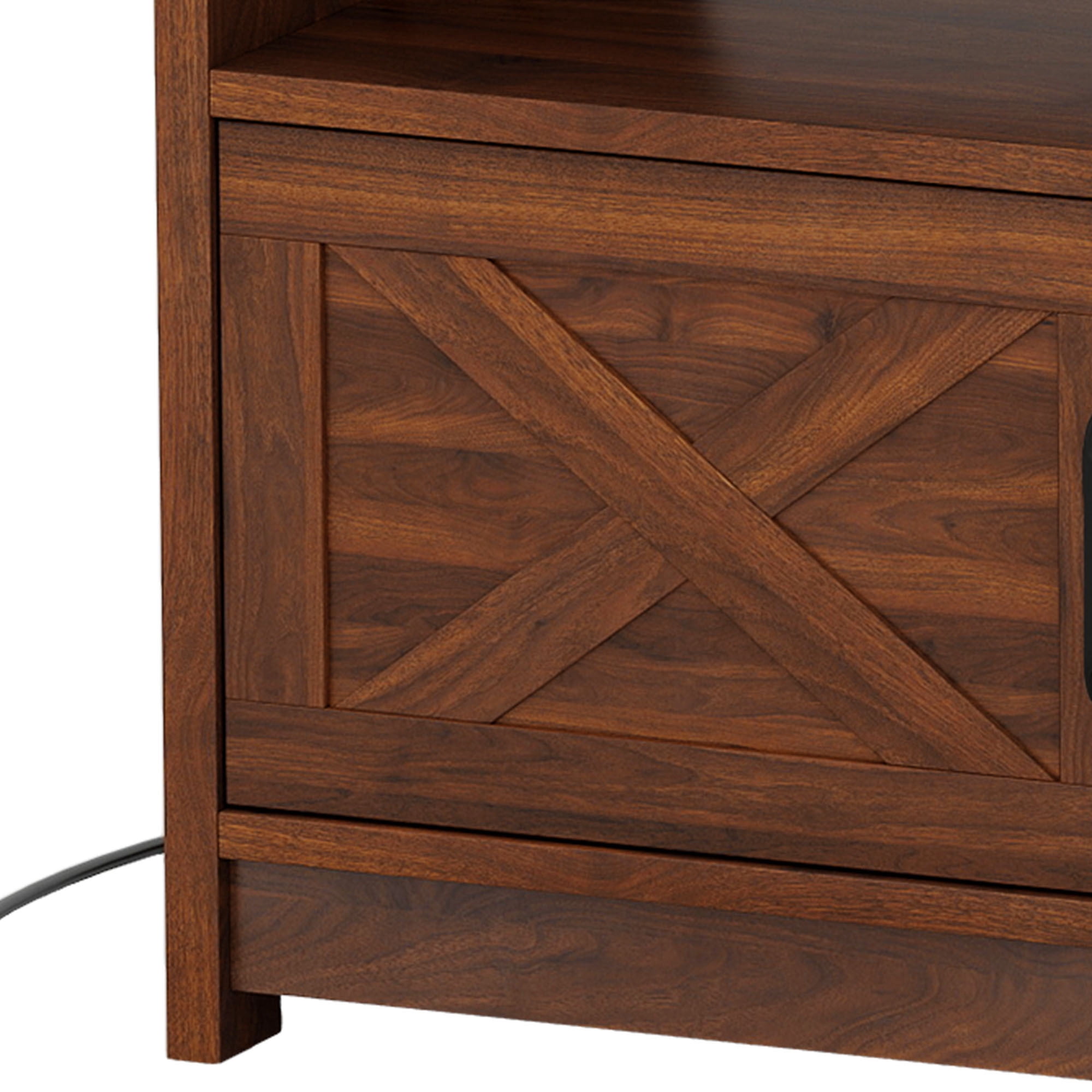 Uforic 59 Inch Rustic TV Cabinet Fits 55/65 Inch TVs, with Side X-Brace Decor, Built-in Charging Station & Partitioned Open Storage Shelves, Home Living Room, Walnut