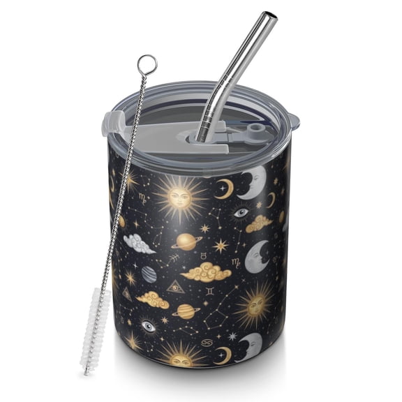 12oz Coffee Tumblers Dark Blue Celestial Pattern Stainless Steel Vacuum Insulated Travel Tumbler Coffee Cups Mug with Lid and Straw with Cleaning Brush for Cold & Hot Drinks