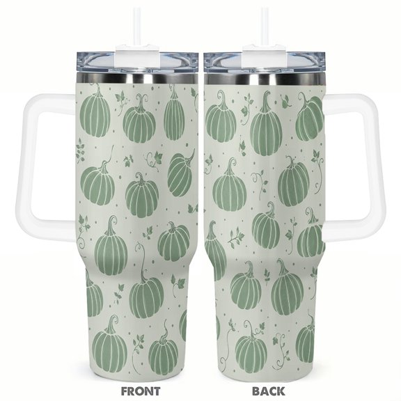 Autumn Pumpkin Green Botanical 40oz Car Tumbler Insulated Travel Cup with Handle and Straw Vintage Fall Harvest Stainless Steel Vacuum Coffee Cup Gift for Her