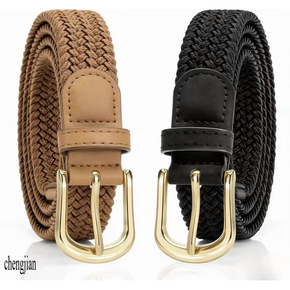 2 Pack Braided Belt for Women, Elastic Woven Stretch Fabric Cloth Belt with Gold Buckle