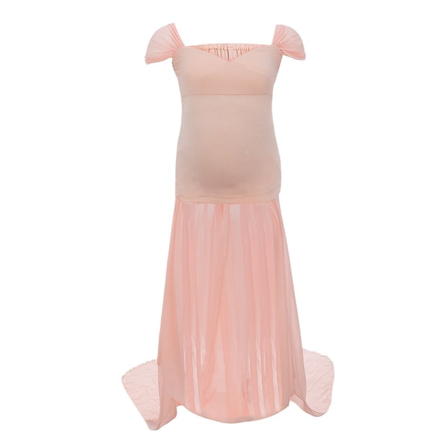 WTXUE Robes de Maternité, Accessoires pour Femmes Enceintes Épaules Dénudées Sans Manches Robe de Maternité Unie Encolure Ronde Robes pour Femme Manches Longues Beige