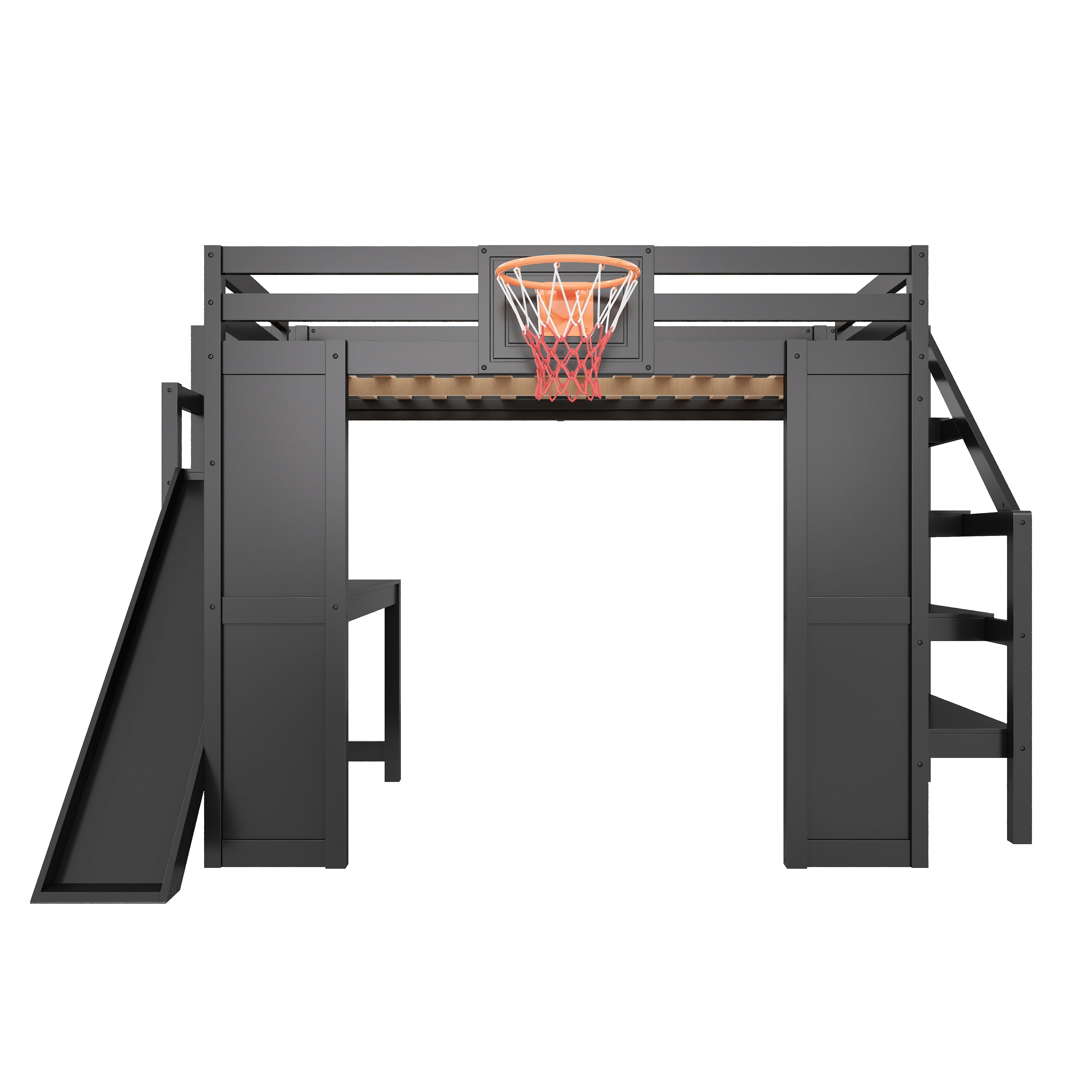Euroco Wood Full Size Loft Bed with Desk and Shelves, Storage Bed with Basketball Hoop and Slide, Black