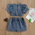 thumbnail image 4 of Rggeeun Toddler Girls Outfit Sets 2 Piece Solid Color Ruffled Short Sleeve Crew Neck Top & Denim Elastic High Waist Shorts & Layered Ruffle Trim Slim Fit For Everyday Use Casual Suit,Blue,5-6 Years, 4 of 6