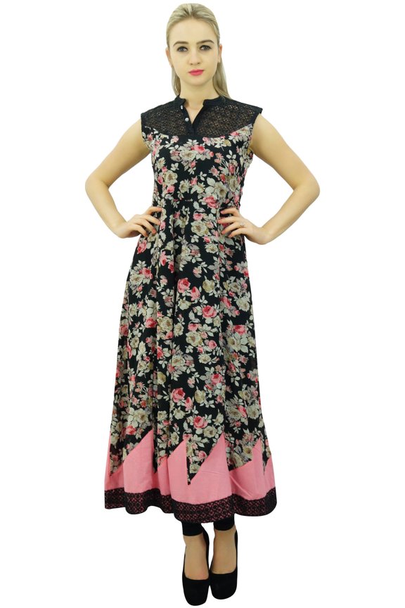 Womens Designer Black Anarkali Kurta Floral Style Kurti Indian Dress-18