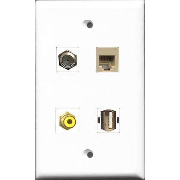 RiteAV 1 Port RCA Yellow and 1 Port Coax Cable TV- F-Type and 1 Port USB A-A and 1 Port Phone RJ11 RJ12 Beige Wall Plate
