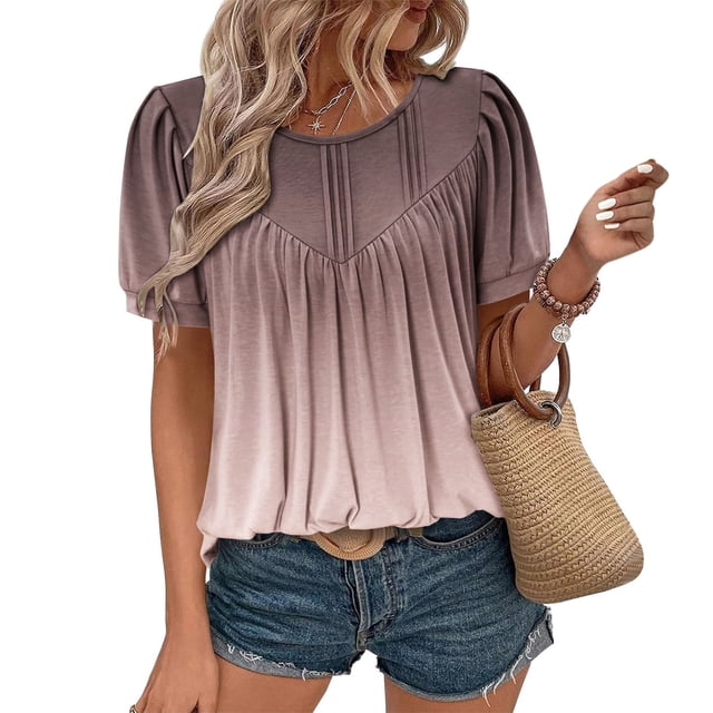 JMKQLZ Ladies' Spring And Summer Casual Solid Color Sleeve Round Neck Top Sleeve Round Neck Top/Shirt