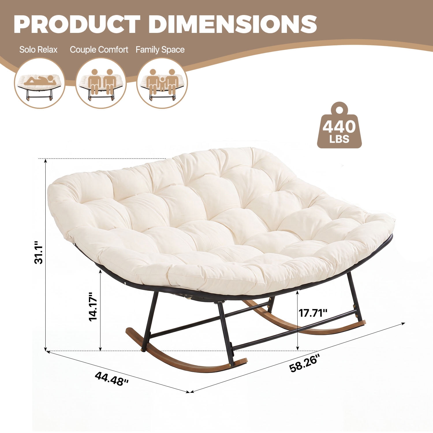 BaPiPro Oversized Double Papasan Rocking Chair with Thick Cushion, 2 Person Outdoor Rocking Loveseat, Heavy Duty Double Egg Chair with Wood Grain Base for Patio Porch, 440lbs Capacity, Off-White