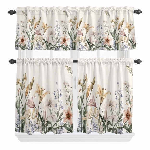 3 Piece Kitchen Curtains and Valances Set Spring Summer Floral Cafe Curtains 36 Inch Length Farmhouse Botanical Leaves Valance & Tier Curtain for Living Room Bedroom Small Window 54"x18" 27"x36"*2