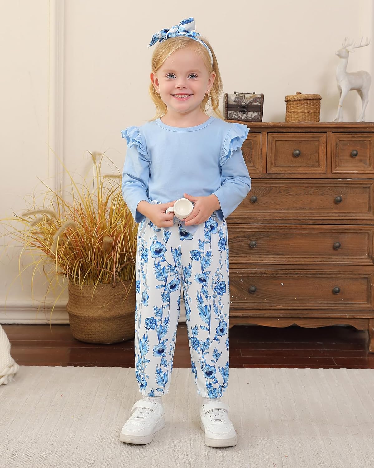 SANMIO Toddler Girl Clothes Outfits Cute Ruffle Sleeve Shirt Floral Pant+Headband 3Pcs Baby Girl Clothing Set 1-6T
