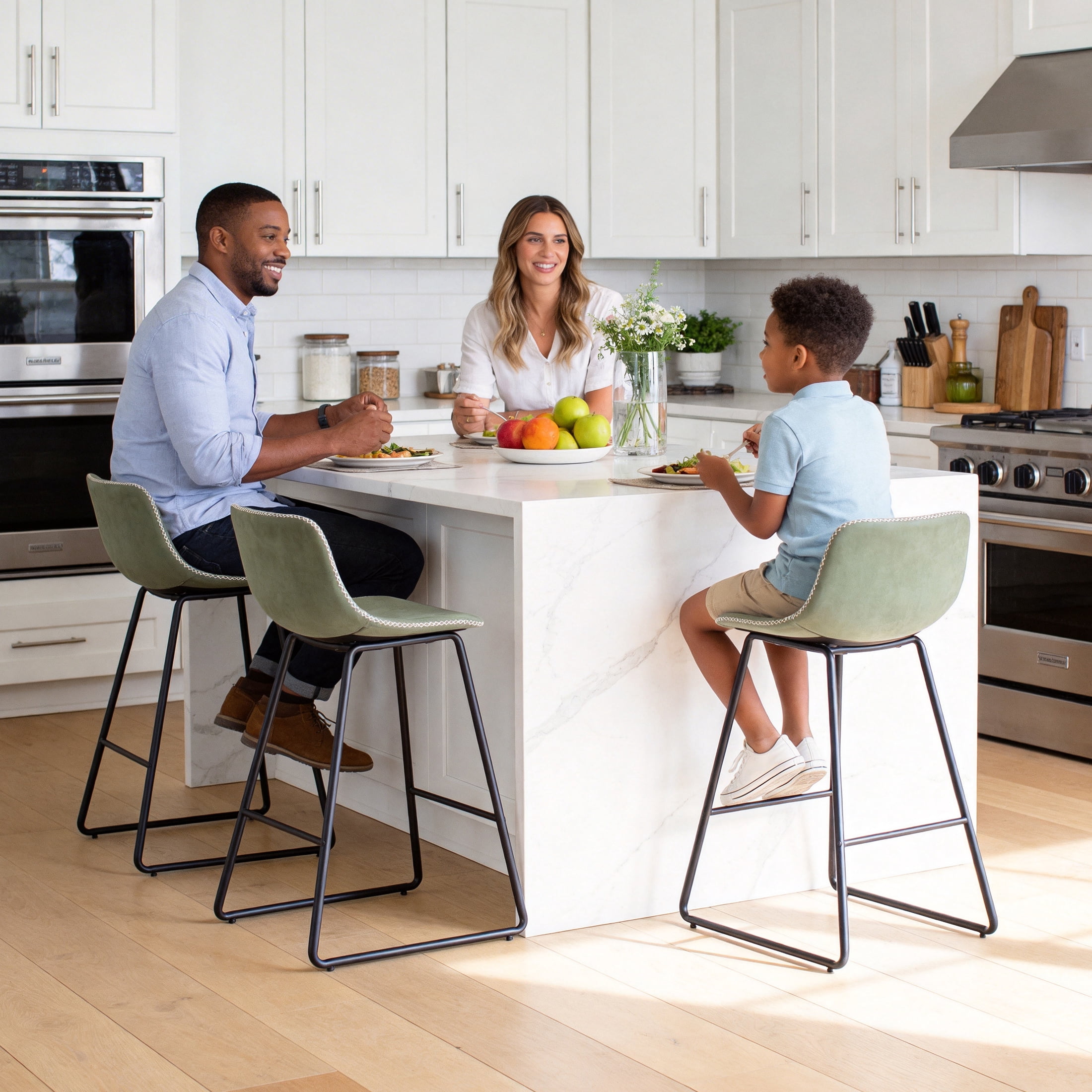 FIRAVOE Bar Stools Set of 3, 30 Inch Counter Height Bar Stools with Back, Faux Leather Modern Barstools High Bar Stools Chairs for Kitchen Island, Green