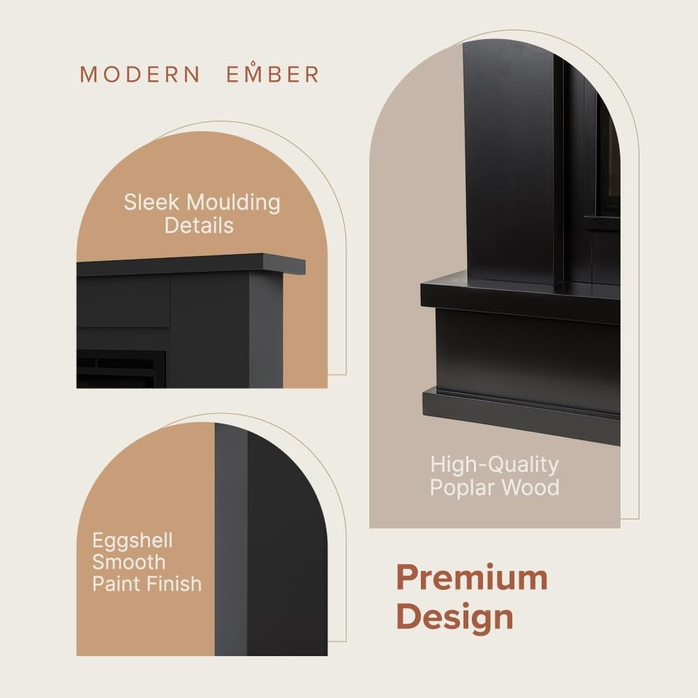 Modern Ember Patton 64" Black Mantel Electric Fireplace Package, 42" Firebox, 5 Flame Colors, 10 Ember Bed Colors, Log & Crystal Kits, Alexa/Wi-Fi Enabled