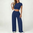 thumbnail image 2 of TZZQ Womens 2 Piece Matching Lounge Sets Slim Fit Short Sleeve Scoop Neck Crop Tops Low Rise Drawstring Baggy Wide Leg Pants with Pockets Stretchy Fitted Sets Basic Going Out Outfits Blue L, 2 of 3