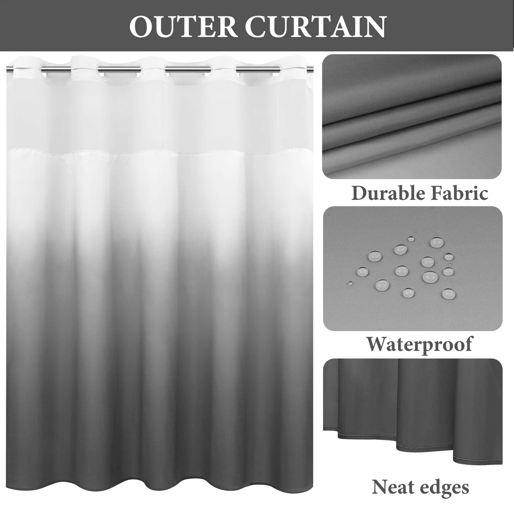 Ikfashoni Hookless Shower Curtain with Snap in Liner, Gray Gradient No Hook Waterproof Ombre Bath Curtain, 71"X74"