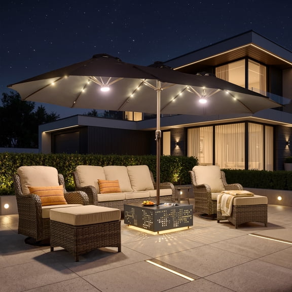 XIZZI 15ft Patio Umbrella with Base and Crank Handle, Extra Large Double-Sided Outdoor Umbrella with Warm Solar Lights, UV Resistant, Rectangle Garden Table Umbrellas Dark Gray