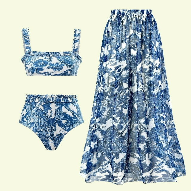 Womens One Piece Tankini Swimsuit with Maxi Wrap Skirt Summer Floral Printed Two Piece Tummy Control Bathing Suit