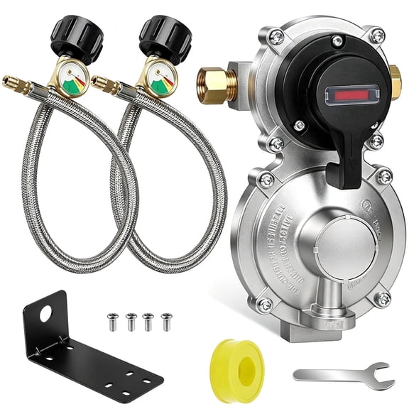 RV Propane Regulator 2 Tank Hoses 2-Stage Auto Changeover LP Propane Gas Regulator with Two 18" RV Pigtail Propane Hoses with Gauge Stainless Braided Ideal for Propane Regulator for RV Trailer