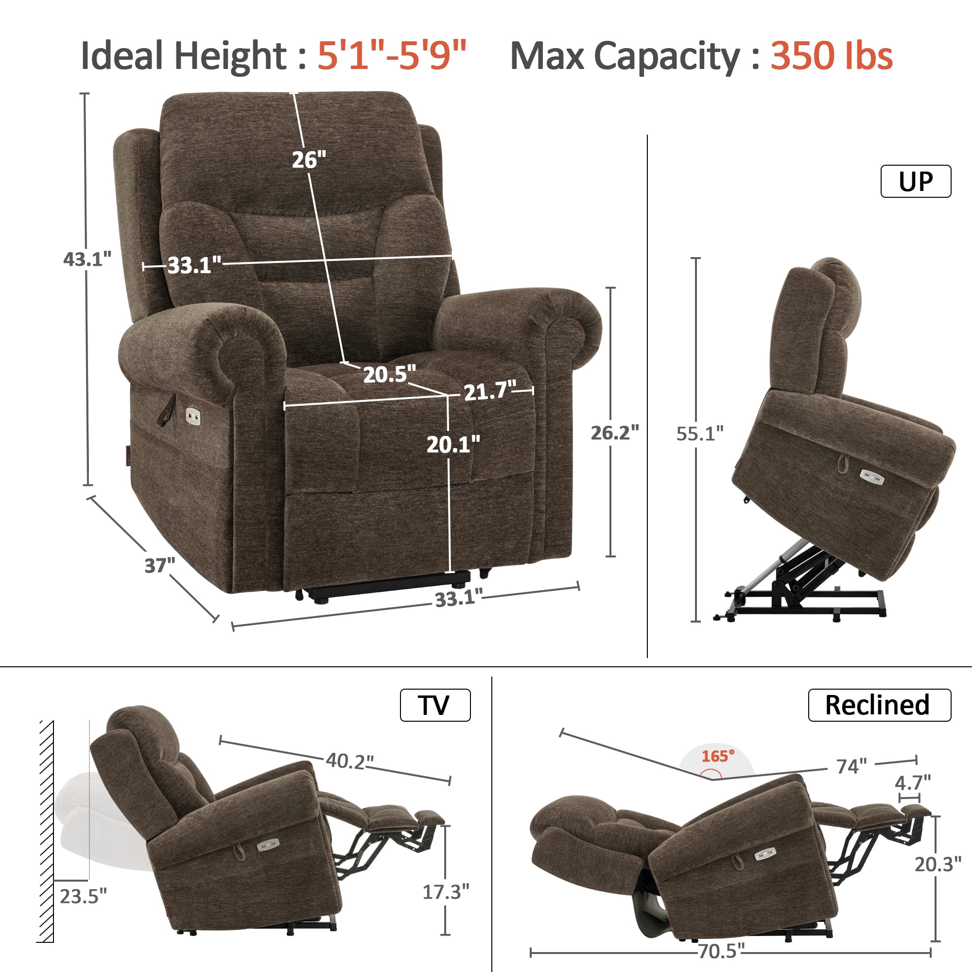 MCombo Dual Motor Power Lift Recliner Chair with Massage and Dual Heating for Senior, Fabric 7888 (Coffee, Medium)