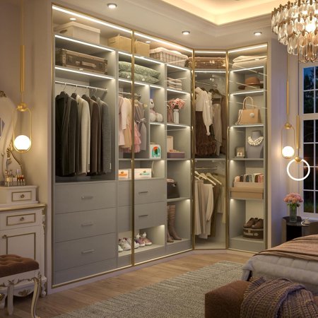 Stand Closet System with 3 Sets, iSunirm Wardrobe Closet with 5 Drawers & 4 Hanging Rods, Reversible Walk-in Closet for Bedroom, Closet, 63.2"L x 63.2"W x 80"H, Load 2000+LBS, Gray