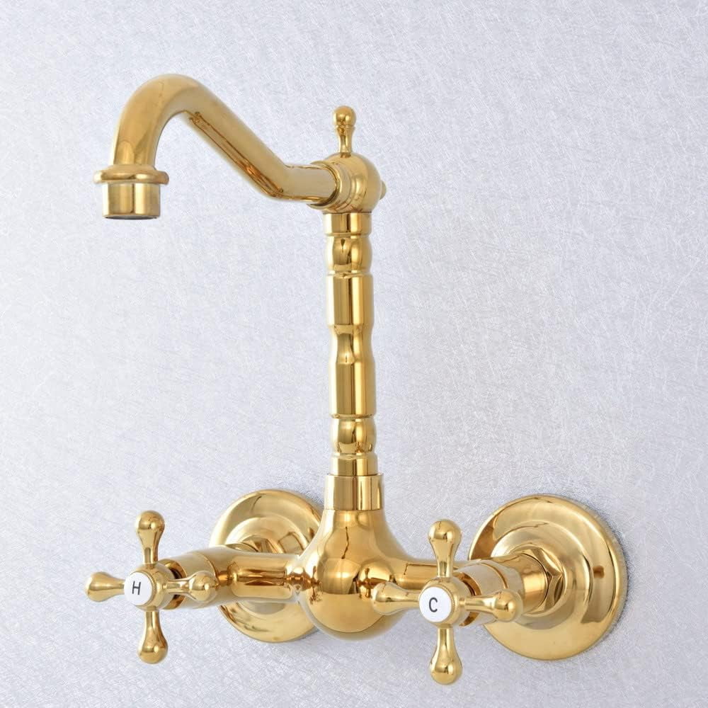 Bathroom Sink Faucet, Kitchen Faucets Gold Polished Brass Wall Mounted Kitchen Bathroom Sink Faucet Dual Handle Swivel Spout Hot Cold Water Tap