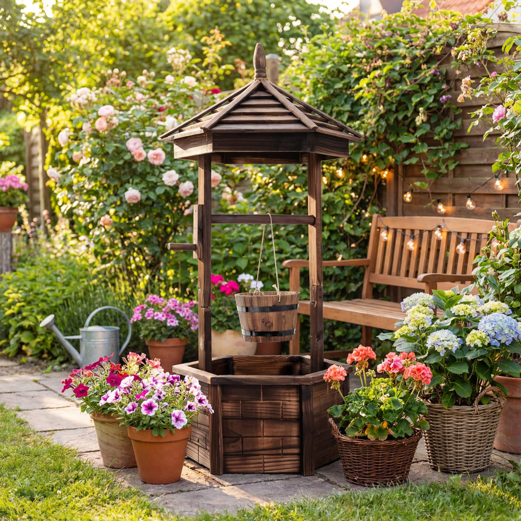 Costway Wooden Wishing Well Hexagonal Bucket Flower Plants Planter Patio Garden Decor