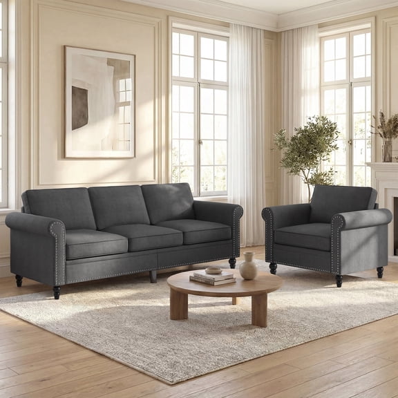 Puremind 2 Piece Sofa Set for Living Room, Linen Sectional Sofa and Armchair Furniture Sets for Apartment/Small Spaces, Dark Gray