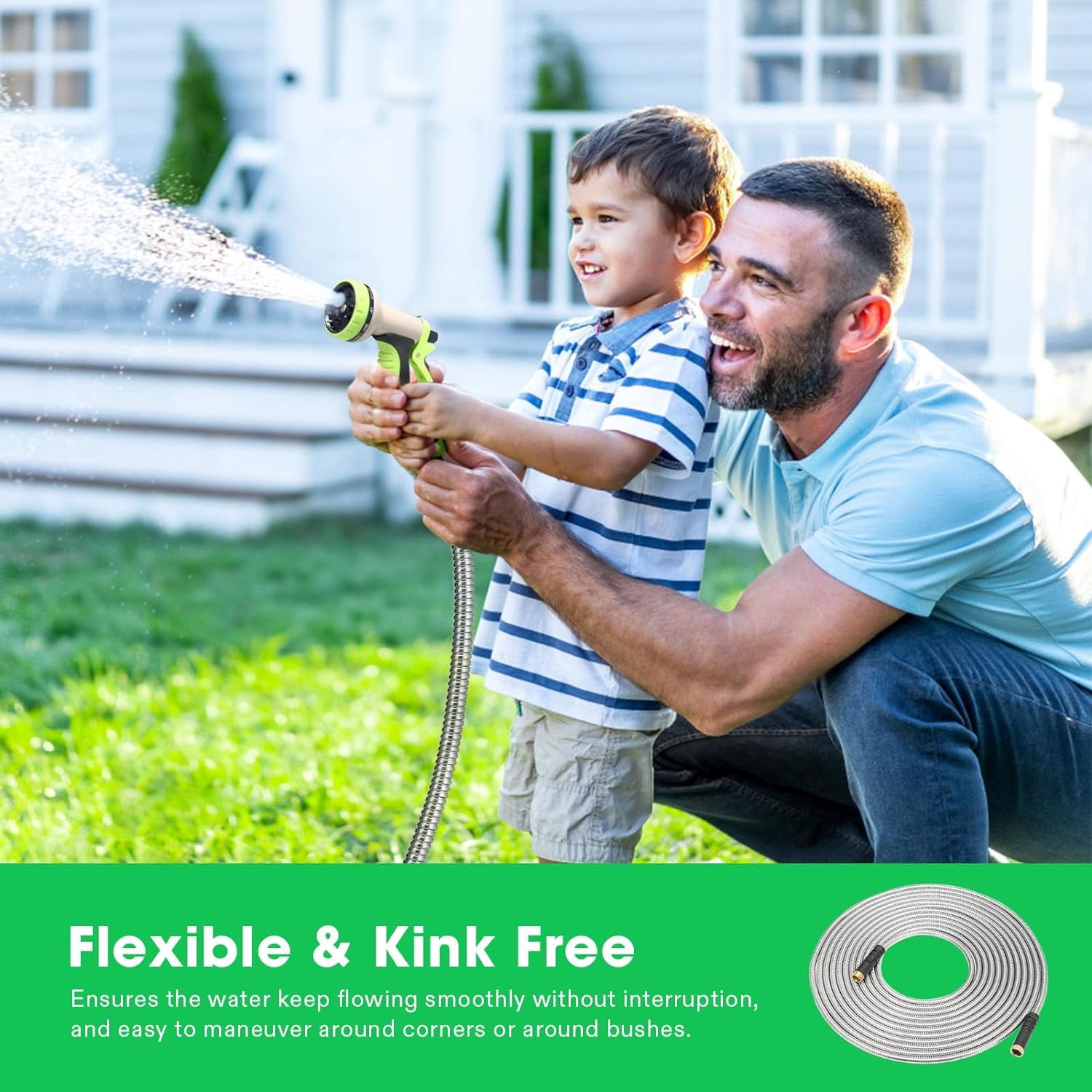 Metal Garden Hose 50ft, 304 Stainless Steel Garden Hose, Heavy Duty Water Hoses with 10 Function Hose Nozzle, Flexible, No Kink & Tangle, Puncture Proof Hose for Yard, Outdoors, Rv