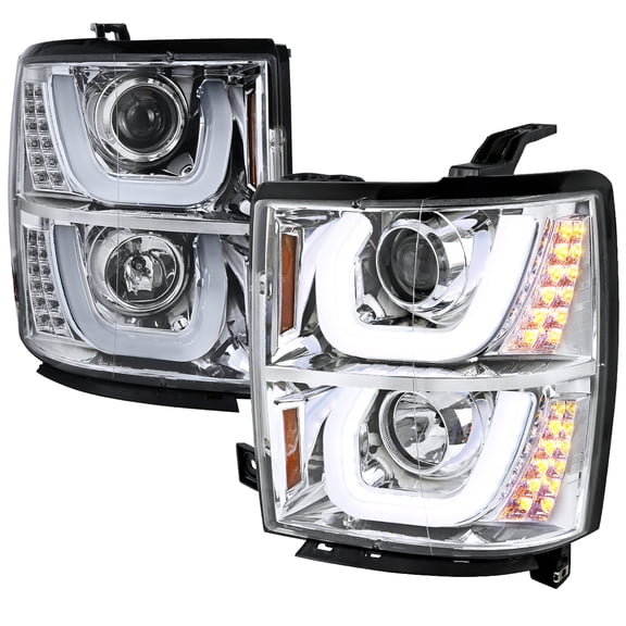 Dual LED U-Bar Projector Headlights w/ LED Turn Signal Lights (Chrome Housing/Clear Lens) Made for and Compatible with 2014-2015 Chevrolet Silverado 1500