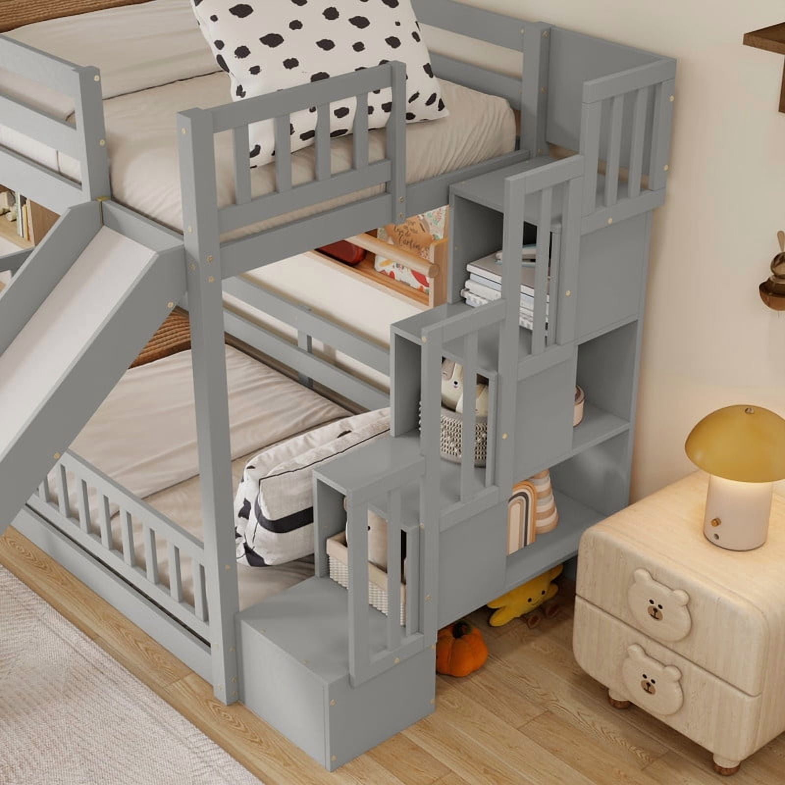 Twin-Over-Twin Bunk Bed with Slide, Storage Staircase & Detachable Rack, Wooden Kids Bed Frame with LED Light & Guardrail