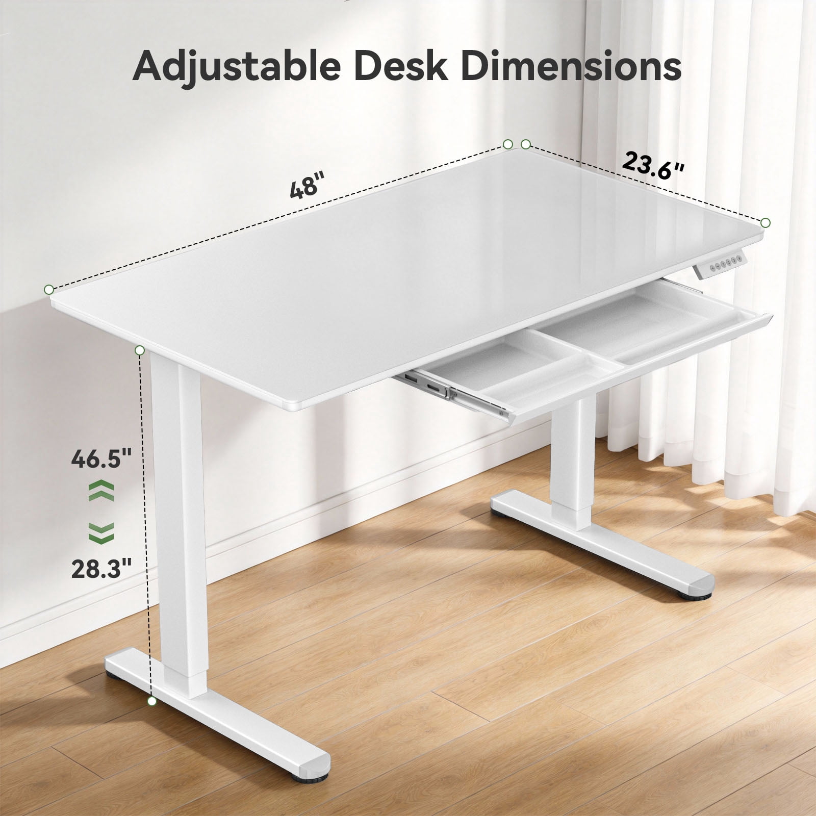 Kyspho Glass Top 48" x 24" Electric Standing Desk with Drawer, Height Adjustable Sit Stand Desk for Home Office, White