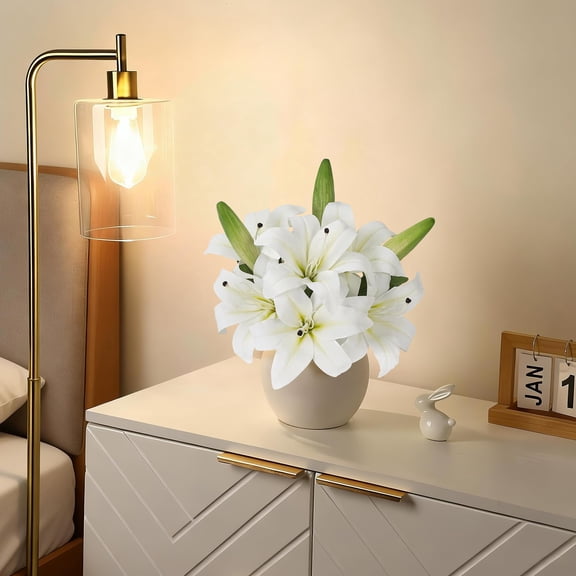 Artificial Flower Arrangement with Glass Vase and Faux Water, Realistic Silk Floral Centerpiece for Wedding Dining Table Home Office Decoration White