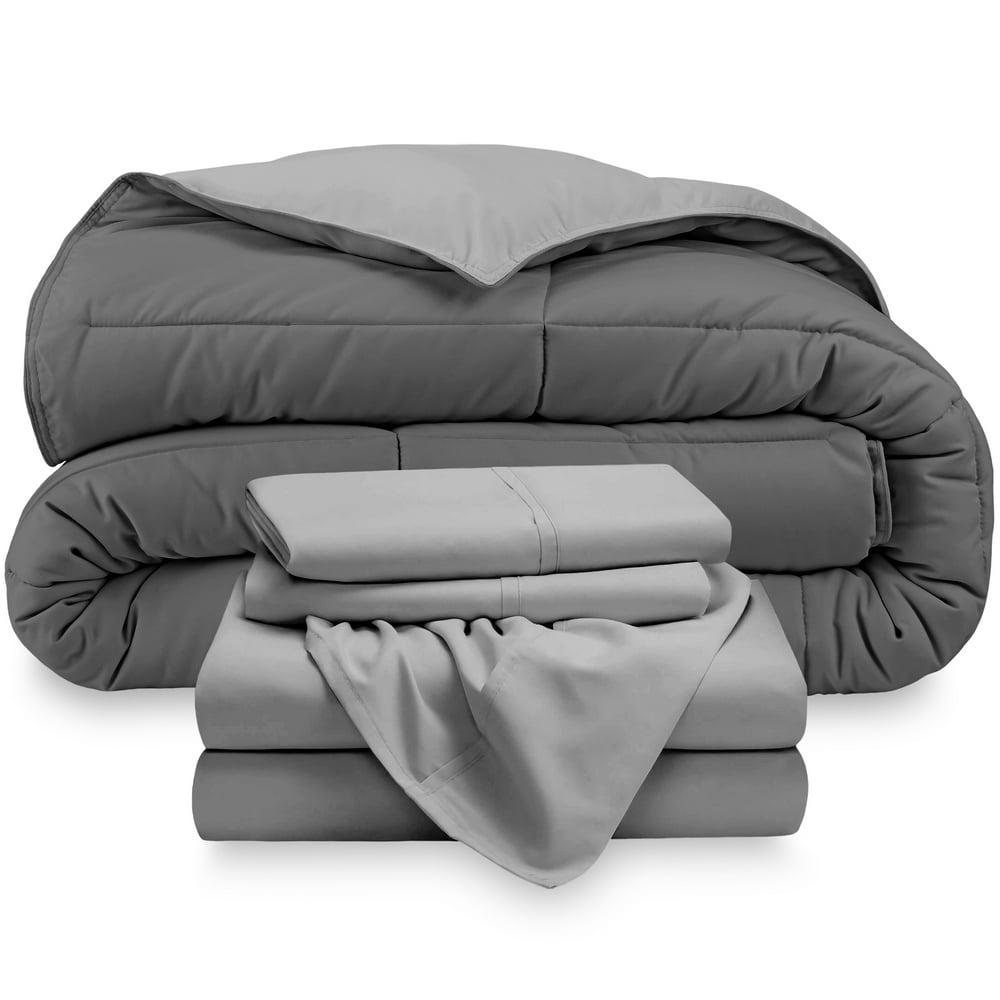 Bare Home 4Piece Reversible BedInABag Twin Light Grey / Grey, Sheet Set Light