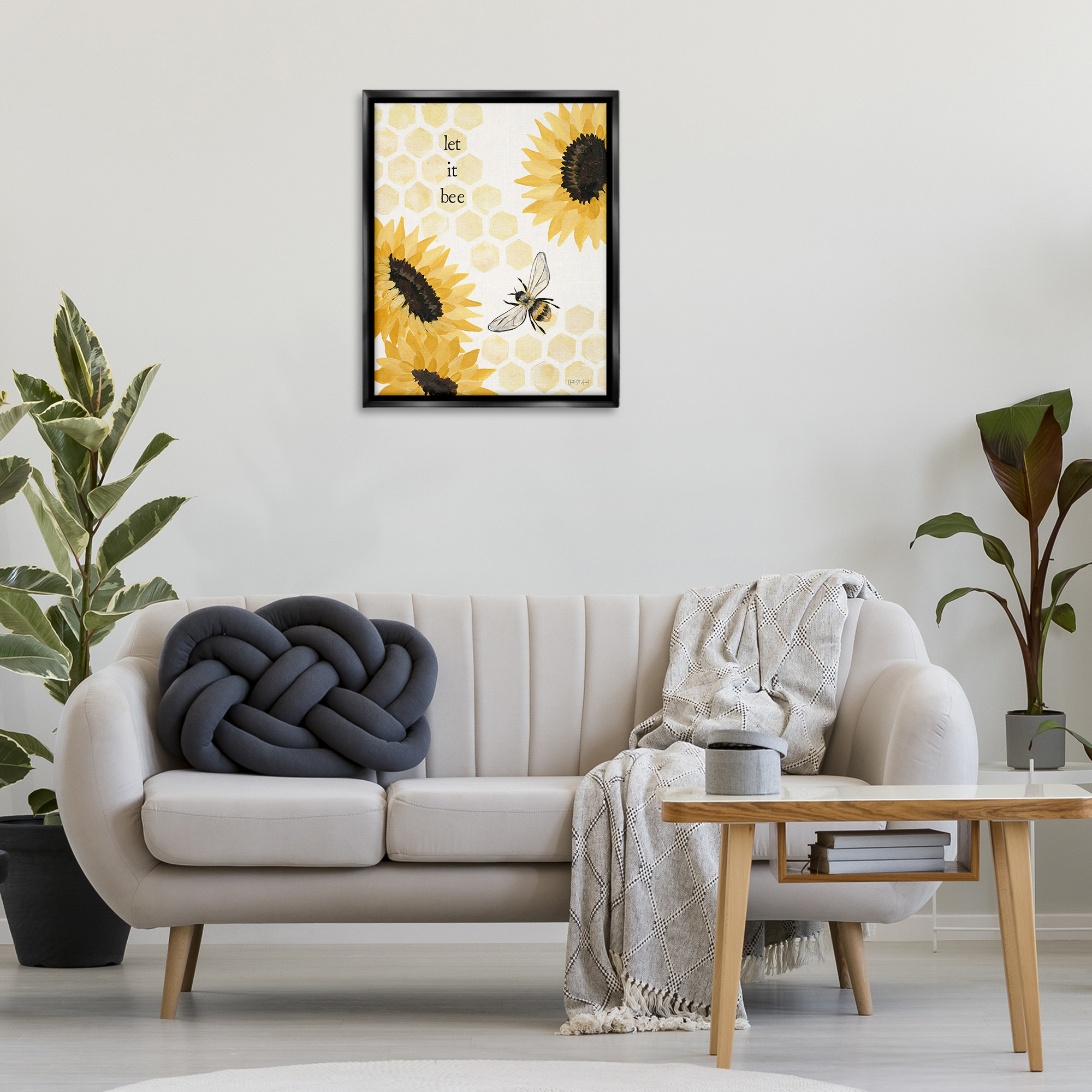 Stupell Industries Let It Bee Honeycomb Botanical & Floral Painting Black Floater Framed Canvas Art Print Wall Art, 25 x 31