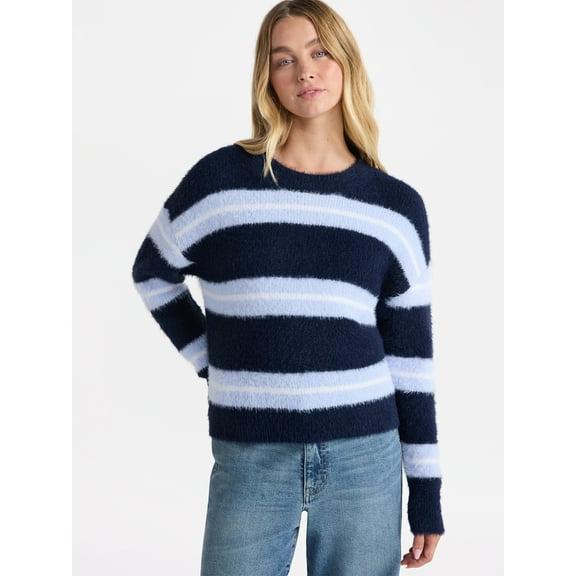 No Boundaries Striped Feather Sweater, Women's & Women's Plus Sizes XXS-XXL