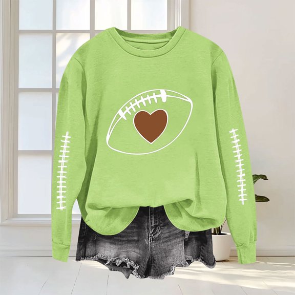Uootdi Game Day Womens Sweatshirts Crew Neck Long Sleeve Football Stitch Heart Graphic Print Sweatshirt for Women Loose Fit Vintage Womens Tops